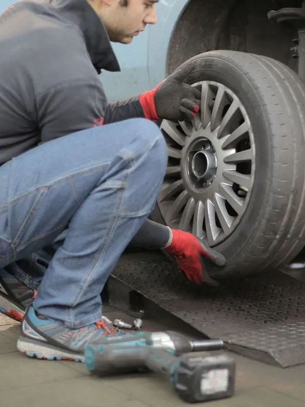 Technician fitting a car wheel